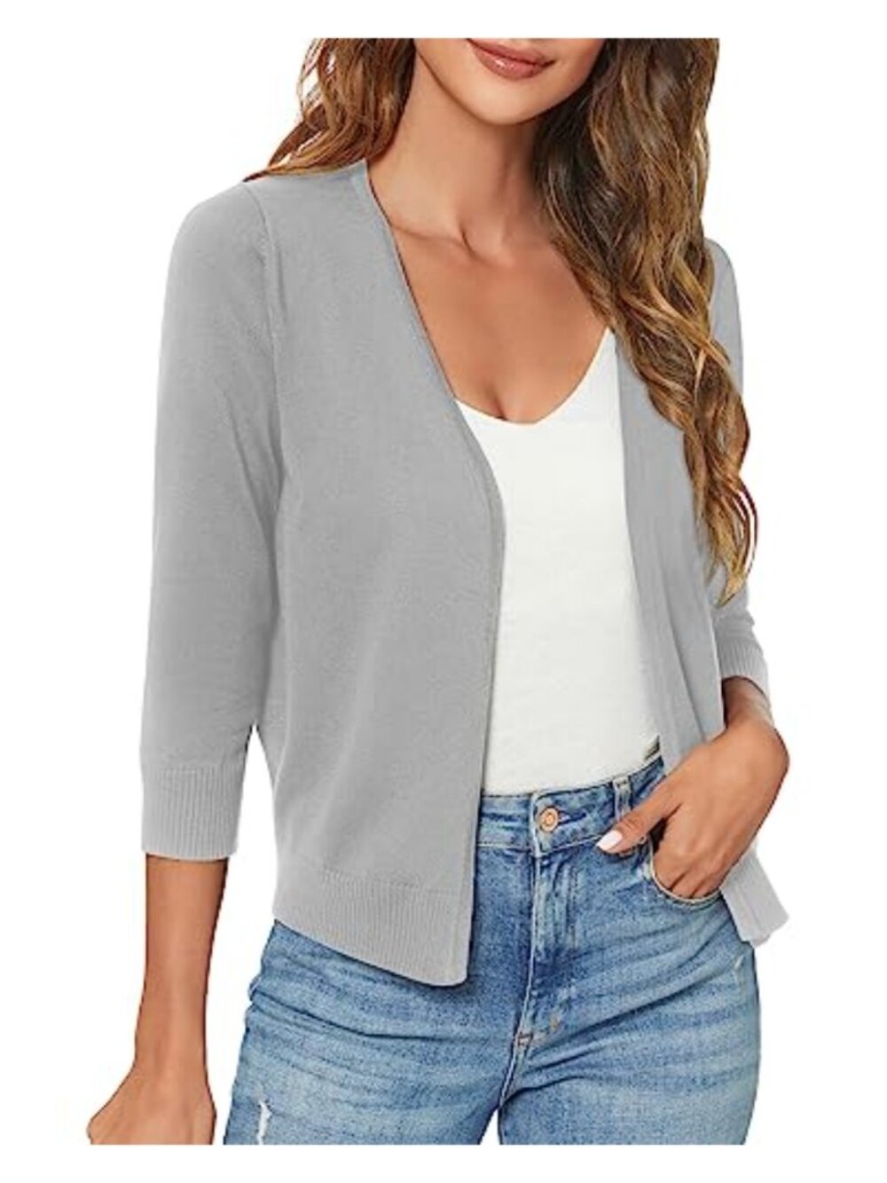 3/4 Sleeve Open Front Cropped Cardigan Sweater Shrug Lightweight Viscose
